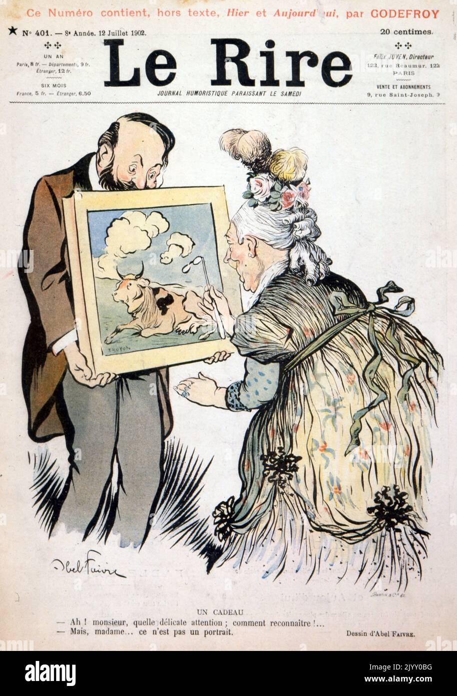 Illustrazione della caricatura che raffigura una donna che dipinge un quadro. Rivista 'le Rire' 1902 Foto Stock