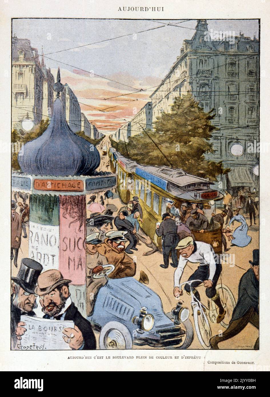 Illustrazione della caricatura che illustra la velocità, la congestione e il traffico. A Parigi nel 1902. Rivista 'le Rire' 1902 Foto Stock