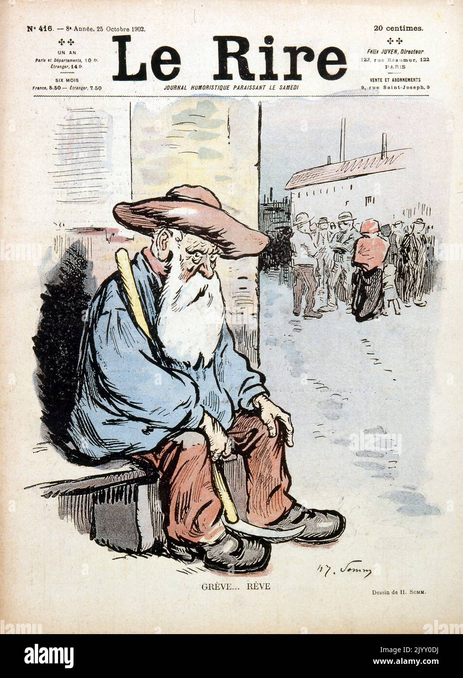 Illustrazione della caricatura raffigurante un vecchio che guarda uno sciopero da parte di operai di fabbrica a Parigi. Rivista 'le Rire' 1902. Foto Stock