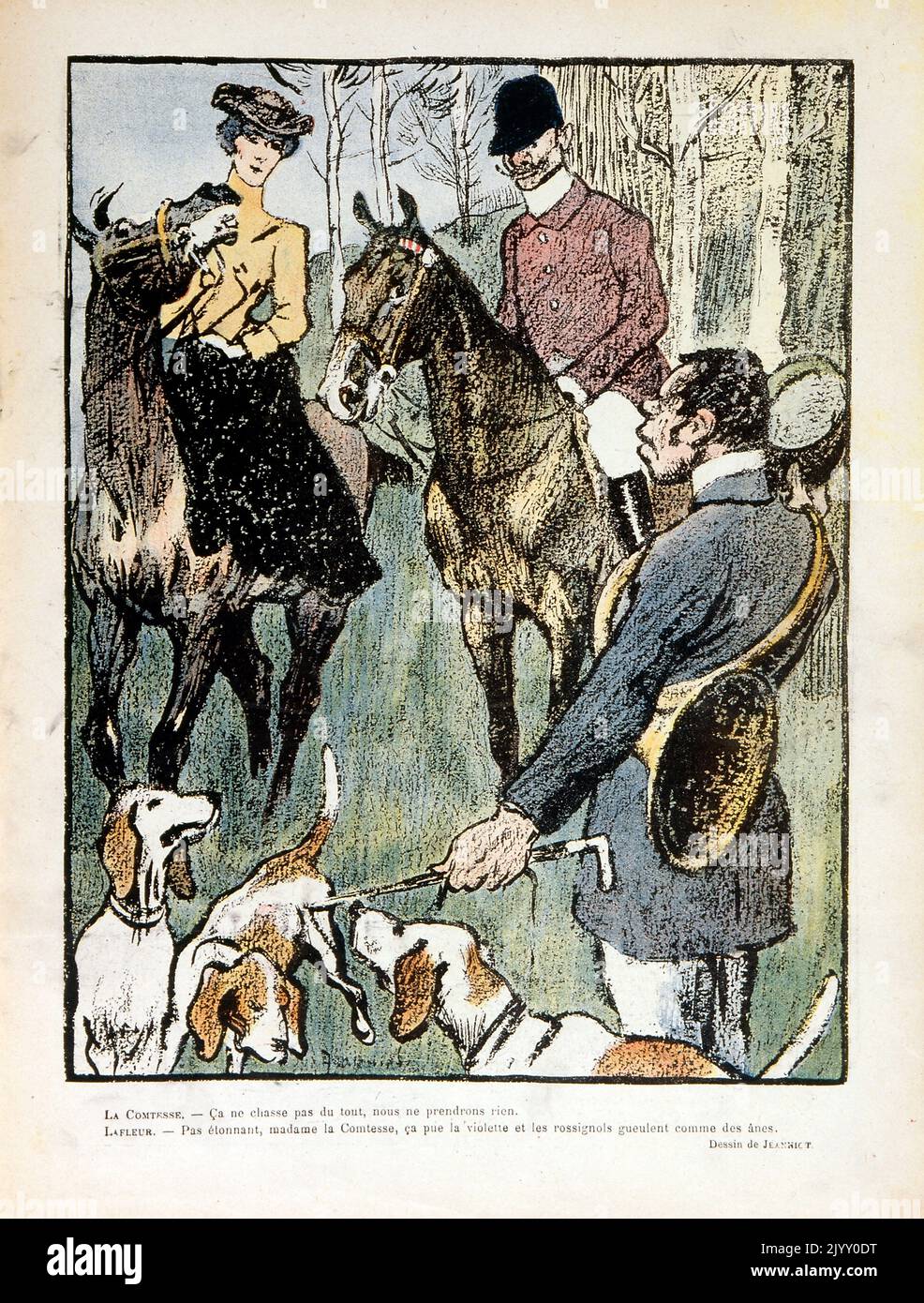 Illustrazione della caricatura che raffigura un uomo e una donna sulla caccia a cavallo con i hounds. Rivista 'le Rire' 1902. Foto Stock