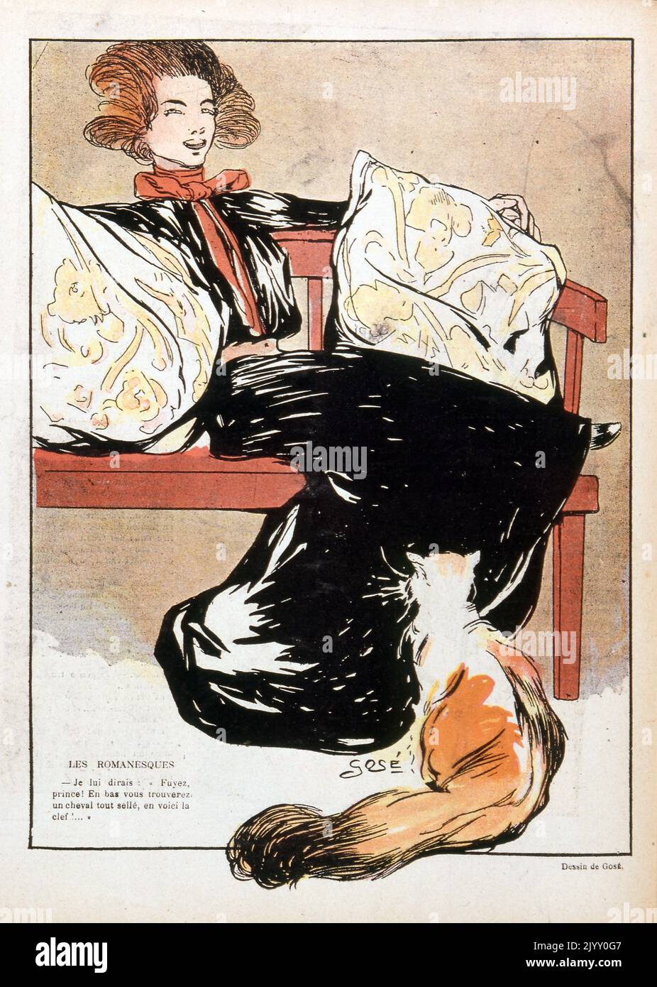 Illustrazione della caricatura raffigurante una donna che si distenderà su un sedile con un gatto che la guarda.. Rivista 'le Rire' 1902. Foto Stock
