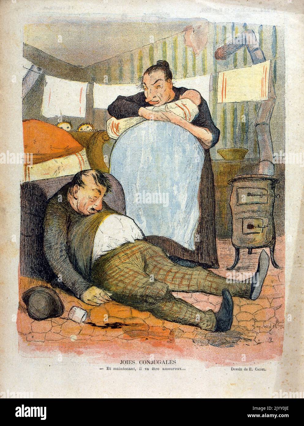 Caricatura francese 1900 raffigurante una donna che lotta con il peso della povertà. Si prende cura di un bambino ed è sposata con un ubriaco Foto Stock