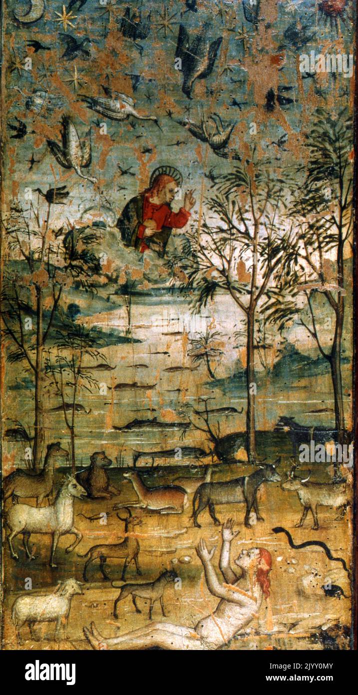 La creazione; 15th ° secolo dipinto maestro italiano raffigurante Dio che crea Adamo. Foto Stock