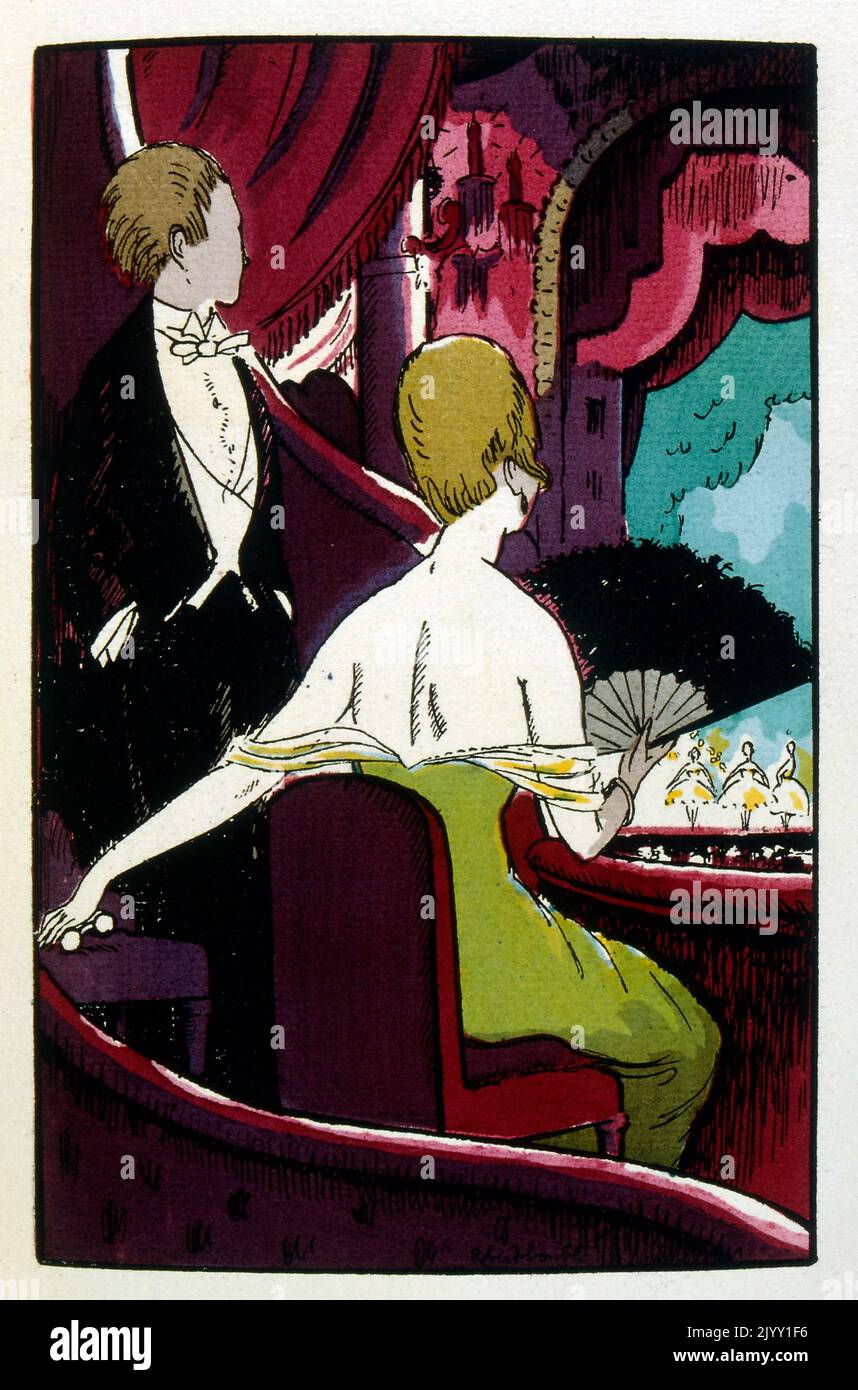 Au moins soyez discreto. (Almeno essere discreti) poesie d'amore con disegni di Robert Bonfils. 1919 Illustrazione. Le 75 poesie dell'amante, un inno alla donna, sono illustrate con 75 titoli di capitolo Foto Stock