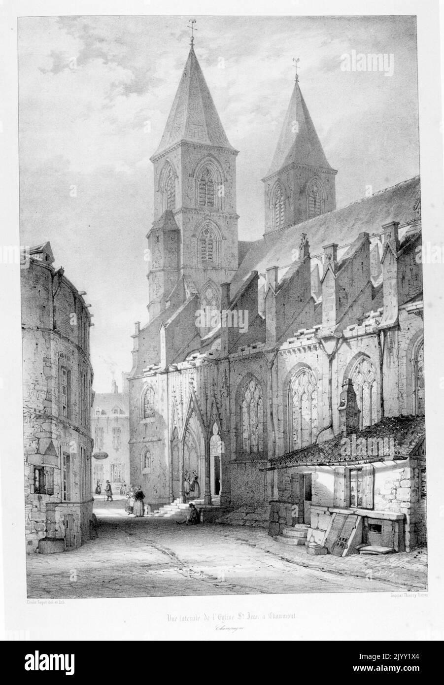 Disegno della Basilica di San Giovanni Battista, nella città di Chaumont in Francia. Stile gotico. La chiesa fu costruita all'inizio del 13th da papa Sisto IV Foto Stock