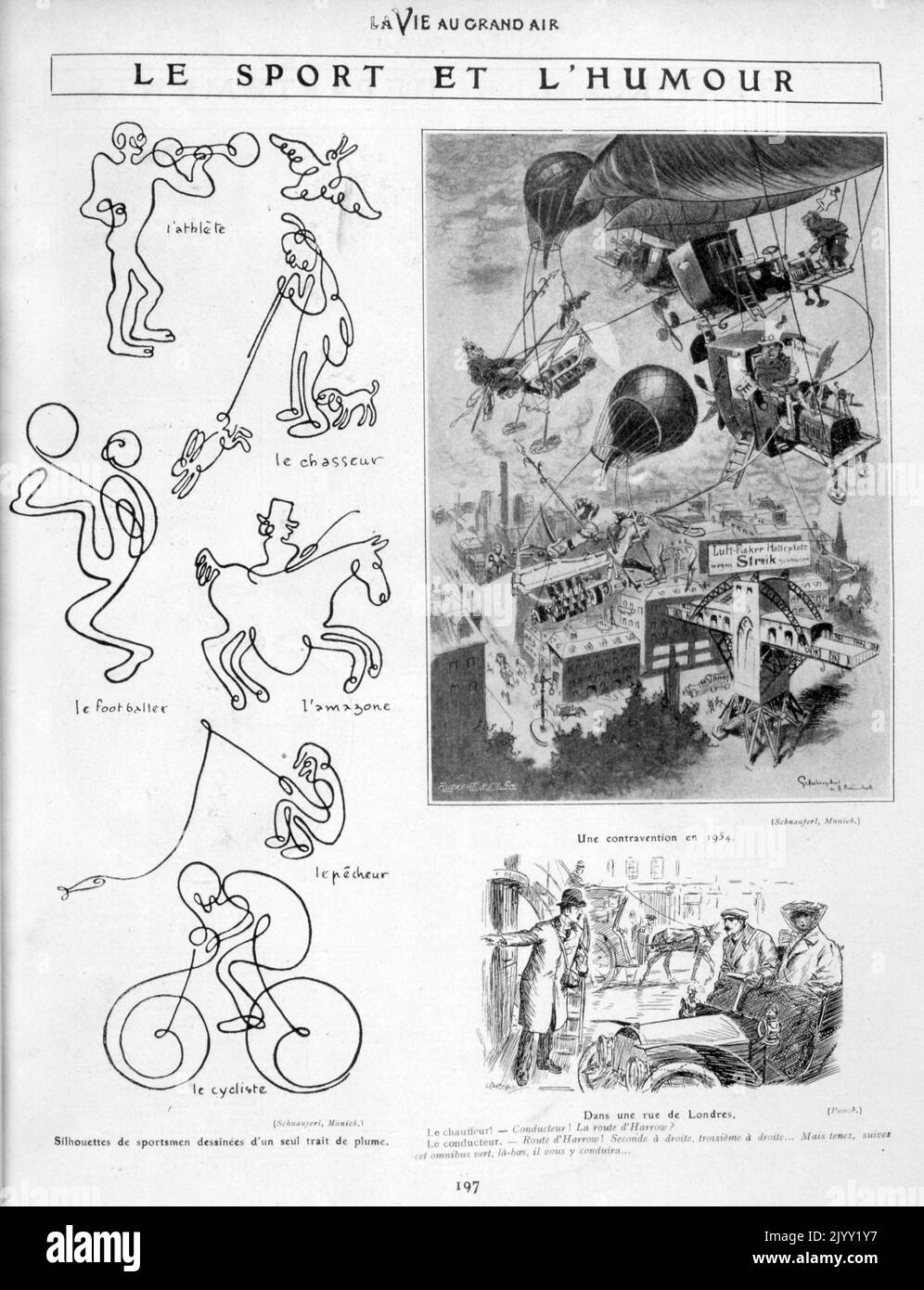 Cartoni animati e illustrazioni da una rivista francese 1905. Raffigurazioni umoristiche di un'auto, balloning, calcio, ciclismo, caccia, sollevamento pesi e pesca Foto Stock