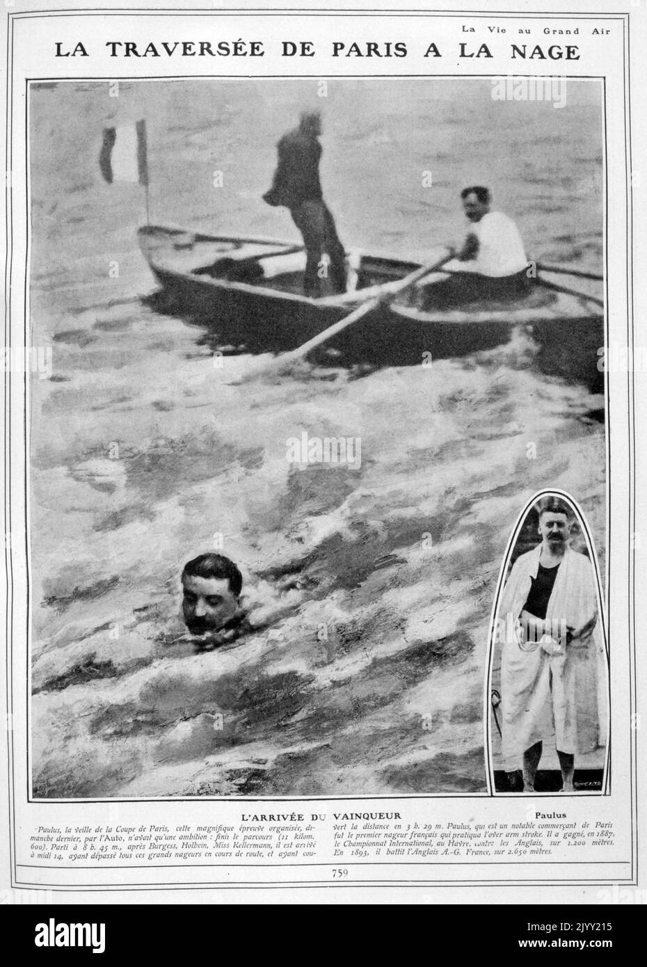 Fotografia francese d'epoca di un uomo che nuota nella Senna attraverso Parigi nel 1905 Foto Stock
