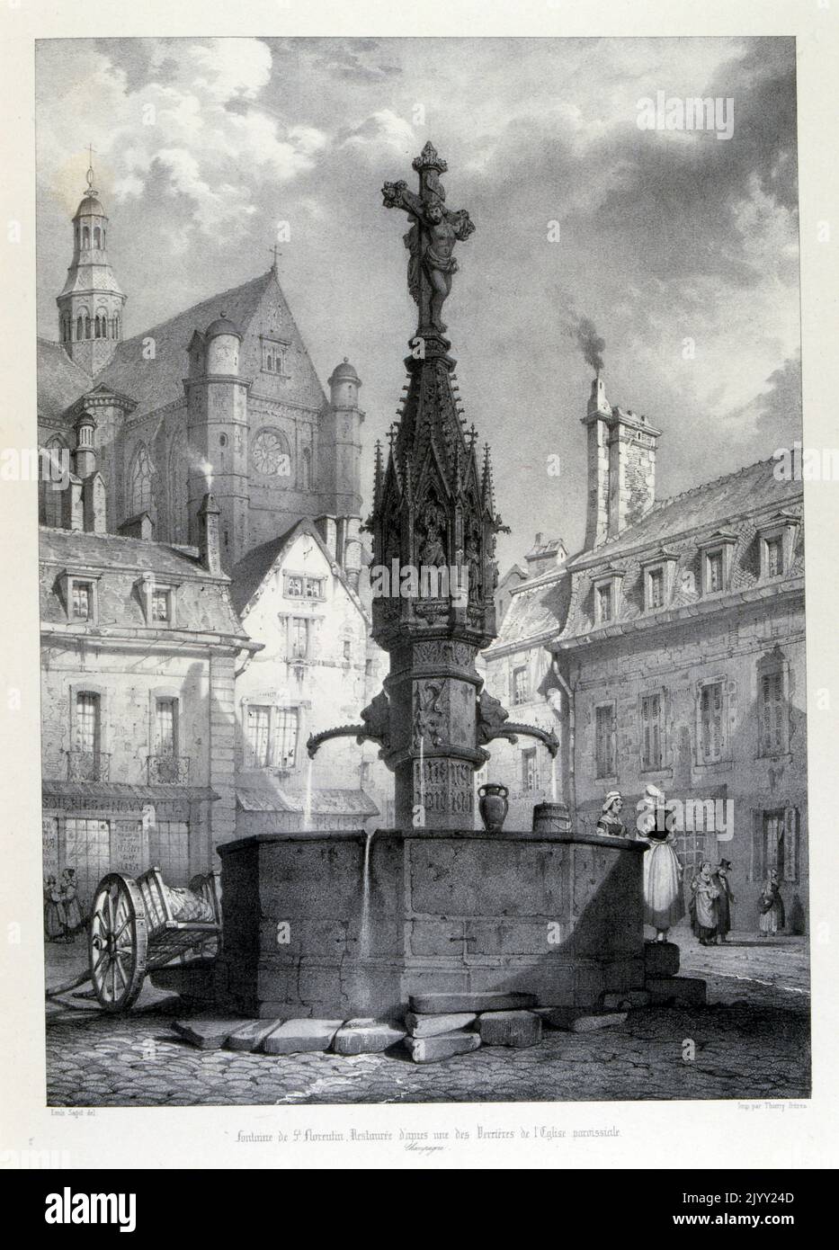 Disegno di l'eglise Saint-Florent (chiesa di Saint-Florentin). La chiesa risale al XVI secolo. È classificato come monumento storico. Saint-Florentin è un comune francese situato nel dipartimento della Yonne, nella regione Borgogna-Franche-Comte. Foto Stock