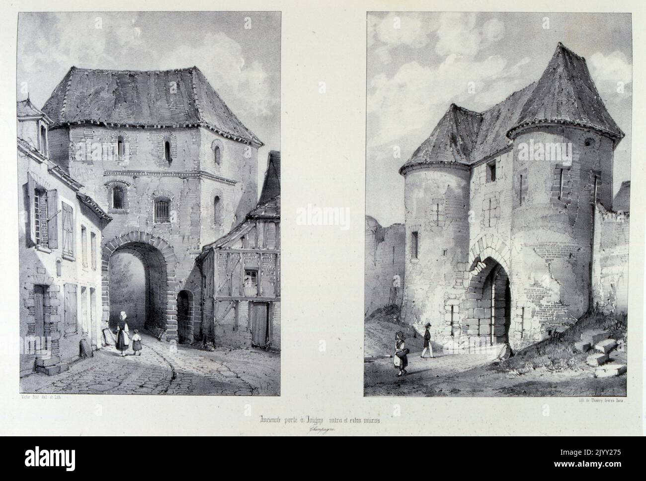 Il disegno delle porte medievali della città di Joigny è un comune nel dipartimento della Yonne in Borgogna-Franche-Comte nel nord-centro della Francia. Foto Stock