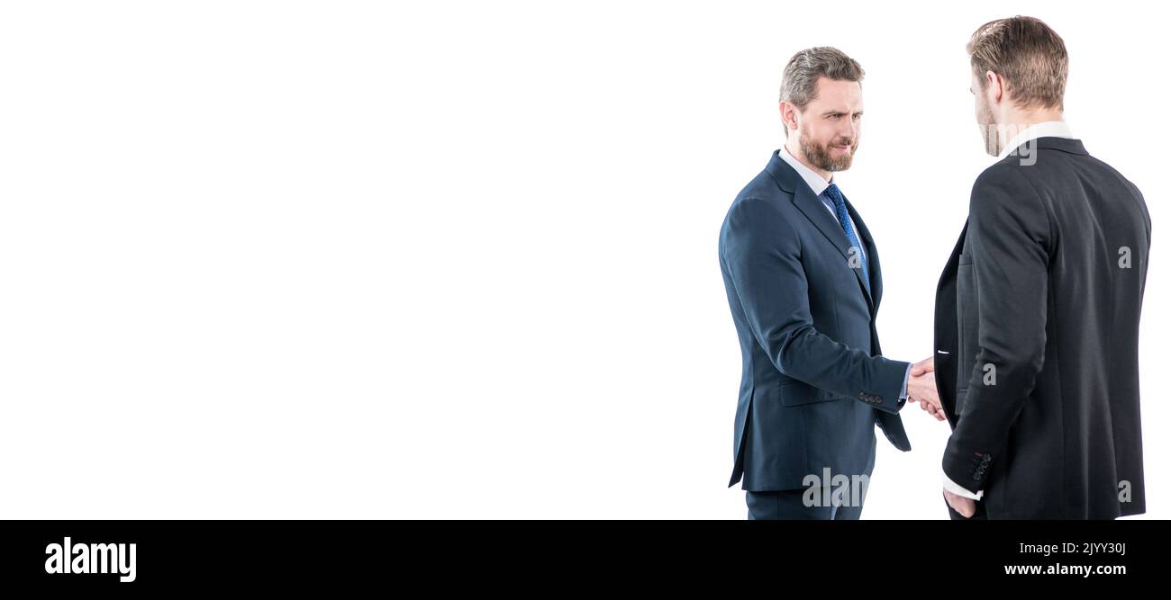 uomini d'affari in riunione. capo e dipendente. partner dopo un affare d'affari. cooperazione e partnership. Uomo volto ritratto, banner con spazio copia. Foto Stock