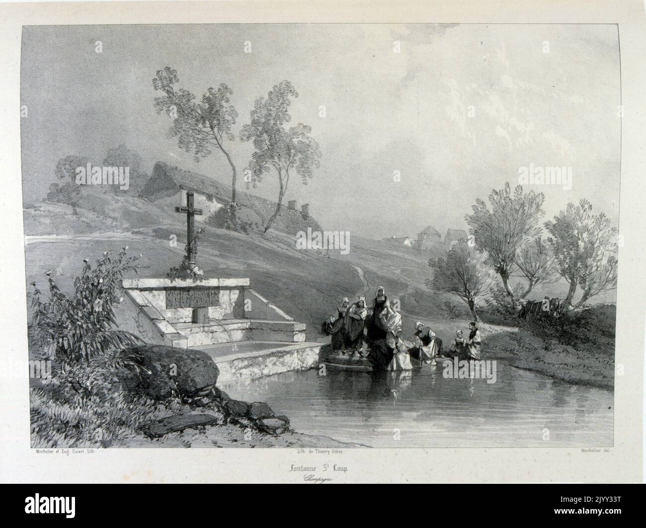 19th ° secolo disegno della Fontana di Saint Loup, nel cantone di Haute Lande Armagnac, Francia. Secondo Felix Arnaudin in memoria delle Highlands, San Leu era una delle 5 fonti miracolose di questo comune. Si pensava che la fontana abbia proprietà curative. Foto Stock