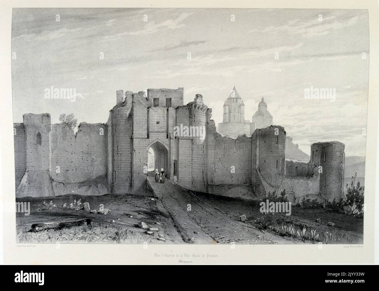 Approccio alla città di Provins, nella Francia nord-centrale vicino a Parigi. La sua architettura medievale comprende alti bastioni con porte fortificate. 19th ° secolo, 1857 Foto Stock