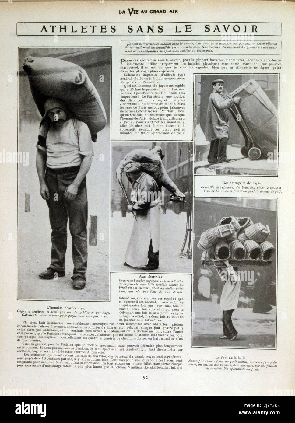 Fotografie di giornali che mostrano i portieri di strada francesi che trasportano vari carichi pesanti come la carne e il carbone 1905 Foto Stock