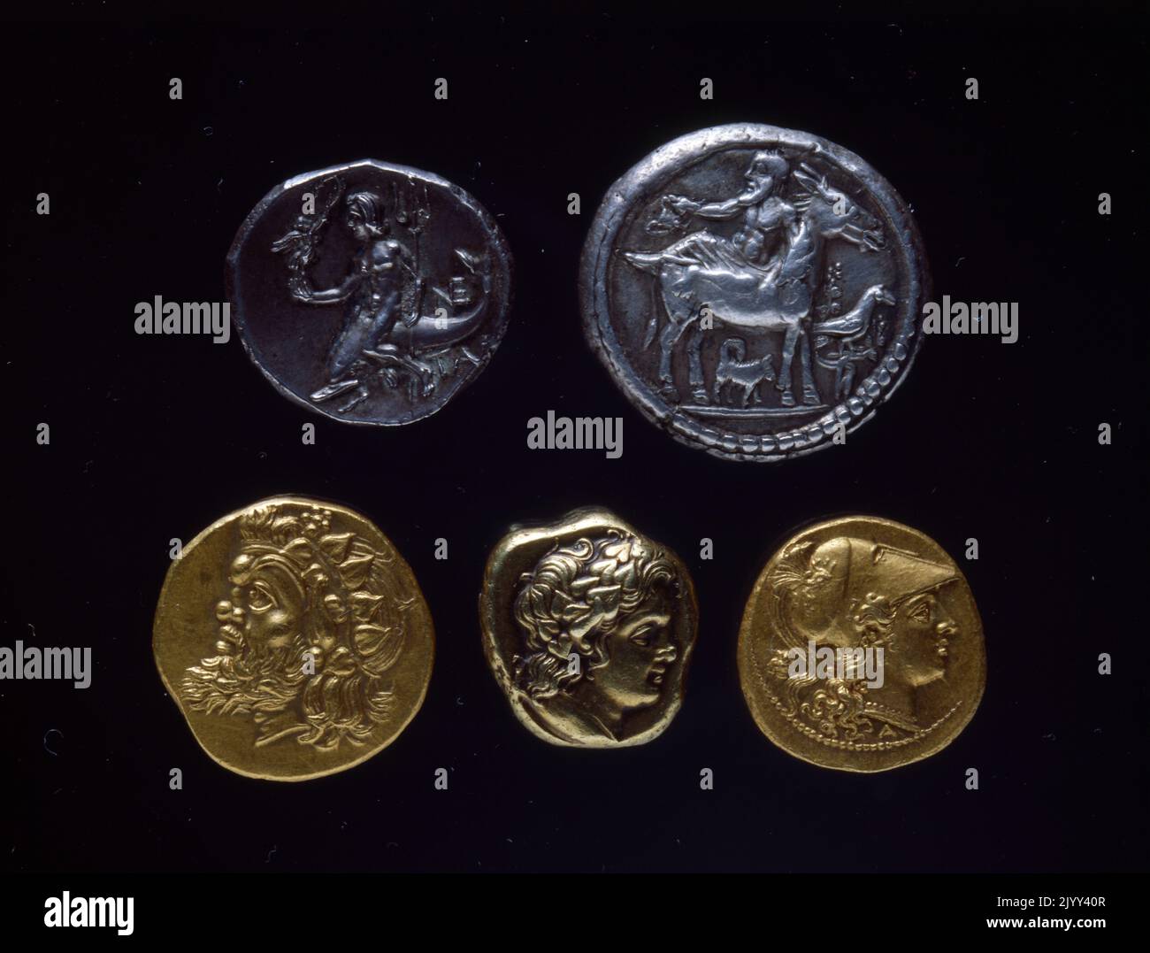 Selezione di monete greche in argento e oro, 5th - 3rd ° secolo AC Foto Stock