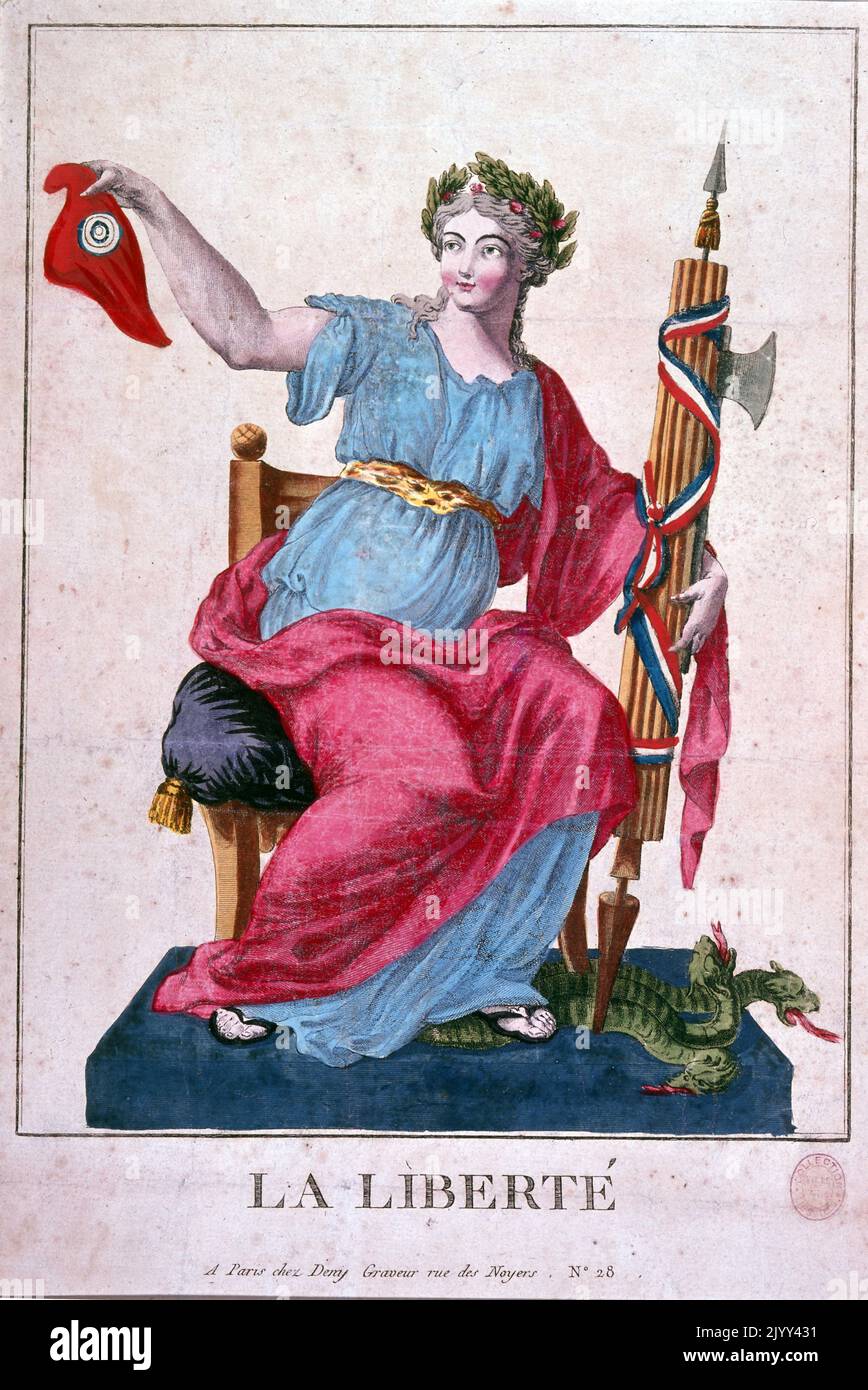 1795 Illustrazione di Marianne (la Liberte), simbolo nazionale della Repubblica francese, personificazione della libertà e della ragione e rappresentazione della Dea della libertà. Marianne è esposta in molti luoghi in Francia e ha un posto d'onore nei comuni e nei tribunali. Simboleggia il Trionfo della Repubblica. Marianne è un importante simbolo repubblicano. Come icona nazionale rappresenta l'opposizione alla monarchia e al campionato di libertà e democrazia contro tutte le forme di oppressione. Foto Stock