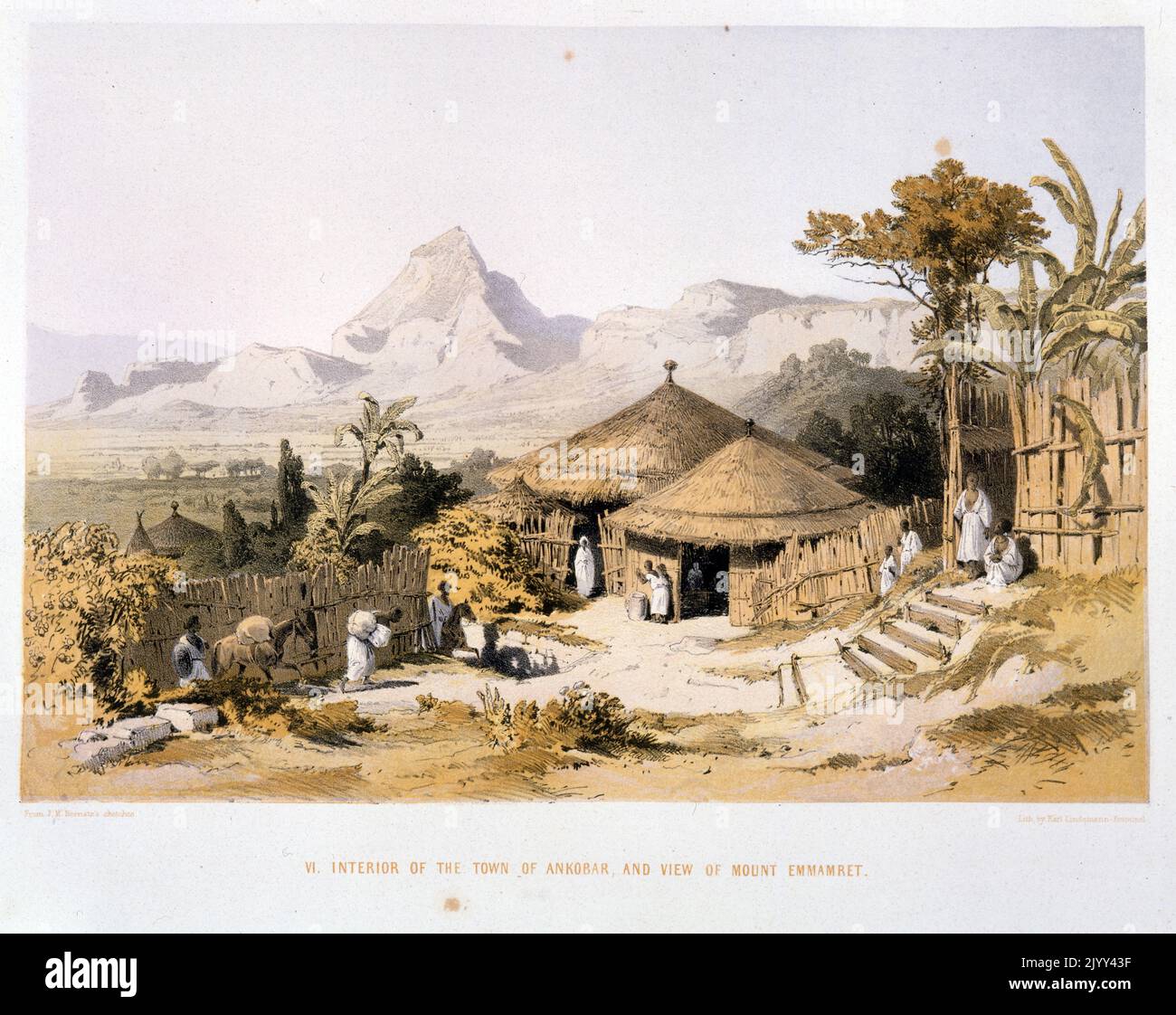 XIX secolo Illustrazione di un villaggio tribale, in Etiopia. 1852 Foto Stock