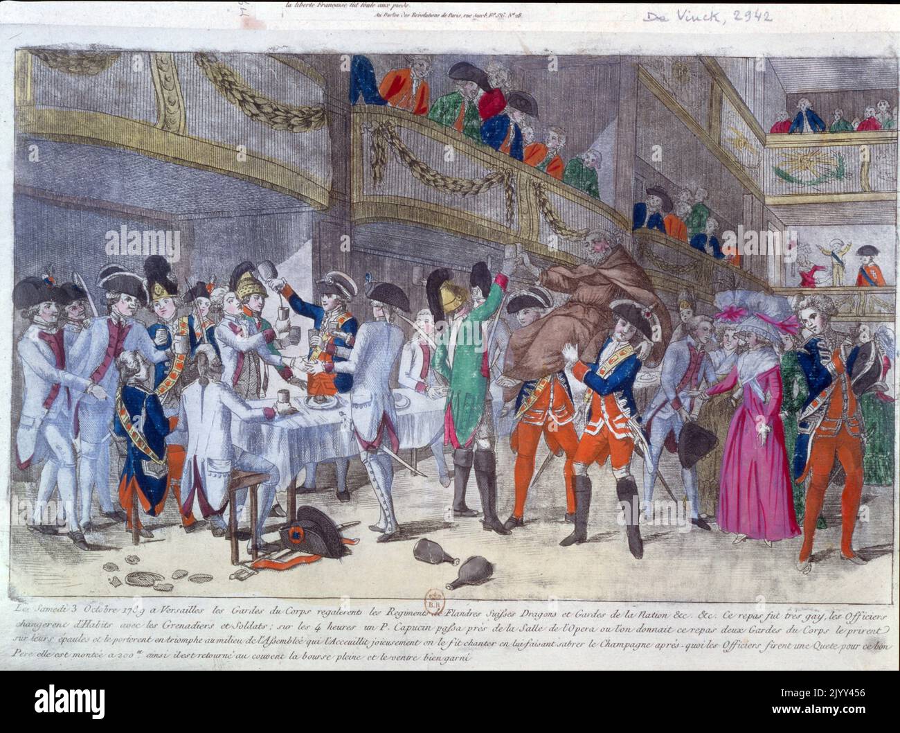 Ottobre 3rd banchetto delle Gardes du Corps du Roi a Versailles, a cui hanno partecipato Luigi XVI, Maria Antonietta e il Delfino all'ora del dessert, le guardie del re hanno indossato la bianca cocarde reale. La falsa notizia arriva rapidamente a Parigi che le guardie avevano calpestato il tricolore e causa indignazione. Questo è stato impostato sullo sfondo della Rivoluzione francese del 1789 Foto Stock