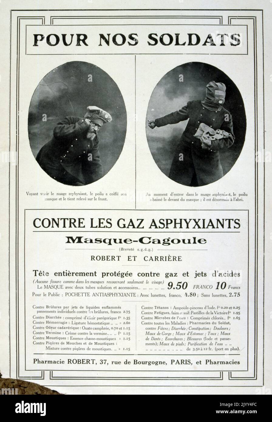 Guerra mondiale francese un annuncio per maschere protettive a gas, 1915 Foto Stock