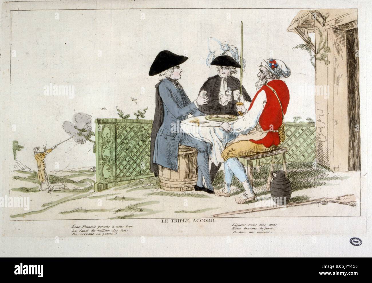 Immagine della Rivoluzione francese del 1789 che illustra il 'triplo accordo' (riunione) tra i tre vecchi ordini. Sullo sfondo, il cacciatore simboleggia la soppressione del diritto alla caccia. Foto Stock