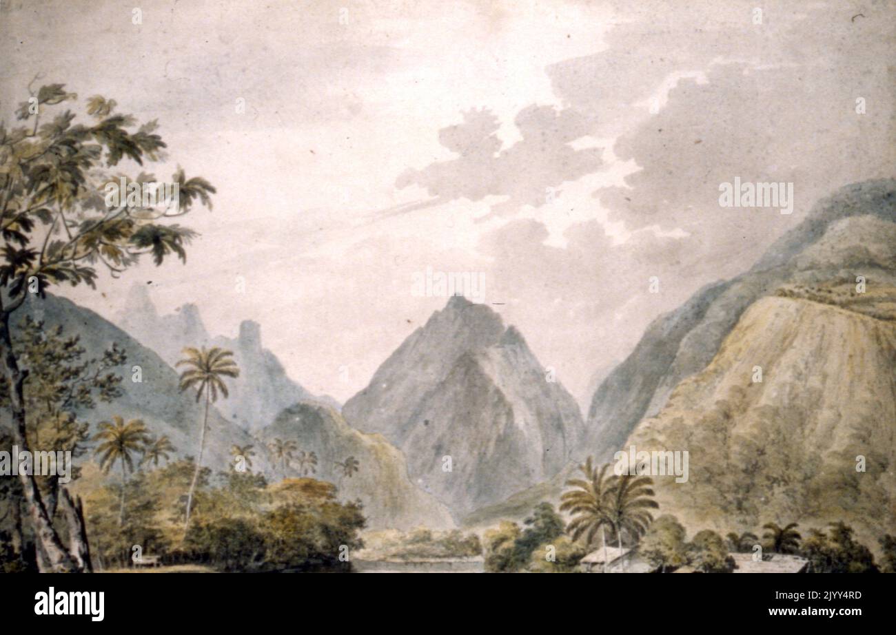 Baia di Vaitepeha Valley, Tahiti, 1777. John Webber RA (1751 - 1793); artista inglese che accompagnò il capitano Cook nella sua terza spedizione nel Pacifico. È conosciuto soprattutto per le sue immagini di Australasia, Hawaii e Alaska Foto Stock