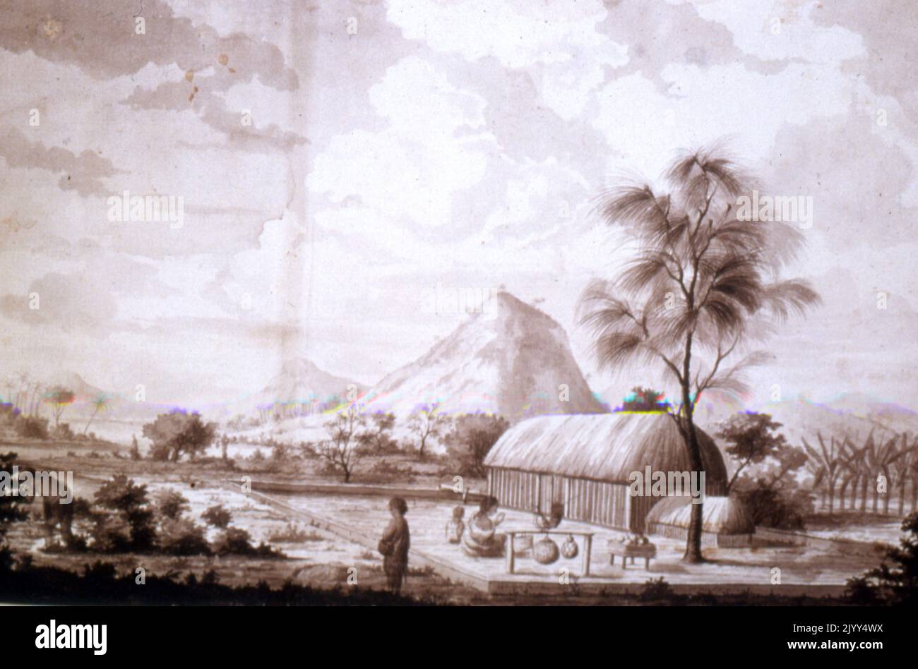 Casa dei Chiefs a Tahiti di Sydney Parkinson (c.. 1745 - 1771), da Sydney Parkinson (c.. 1745 - 1771), illustratore botanico scozzese e artista di storia naturale. È stato il primo artista europeo a visitare Australia, Nuova Zelanda e Tahiti. Parkinson fu impiegato da Joseph Banks per viaggiare con lui nel primo viaggio di James Cook nel Pacifico nel 1768, nella HMS Endeavour. Foto Stock