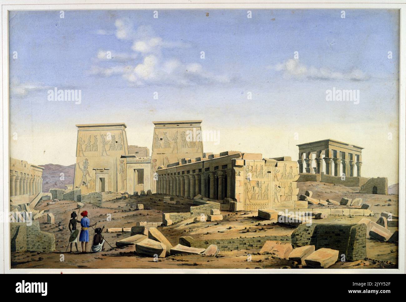 Il Tempio di Philae di Louis Maurice Adolphe Linant de Bellefonds meglio conosciuto come Linant Pasha (Lorient, Francia, 23 novembre 1799 – il Cairo, 9 luglio 1883) è stato un esploratore d'Egitto e, come ingegnere capo dei lavori pubblici d'Egitto, 1831-1869, ingegnere capo del canale di Suez. Foto Stock