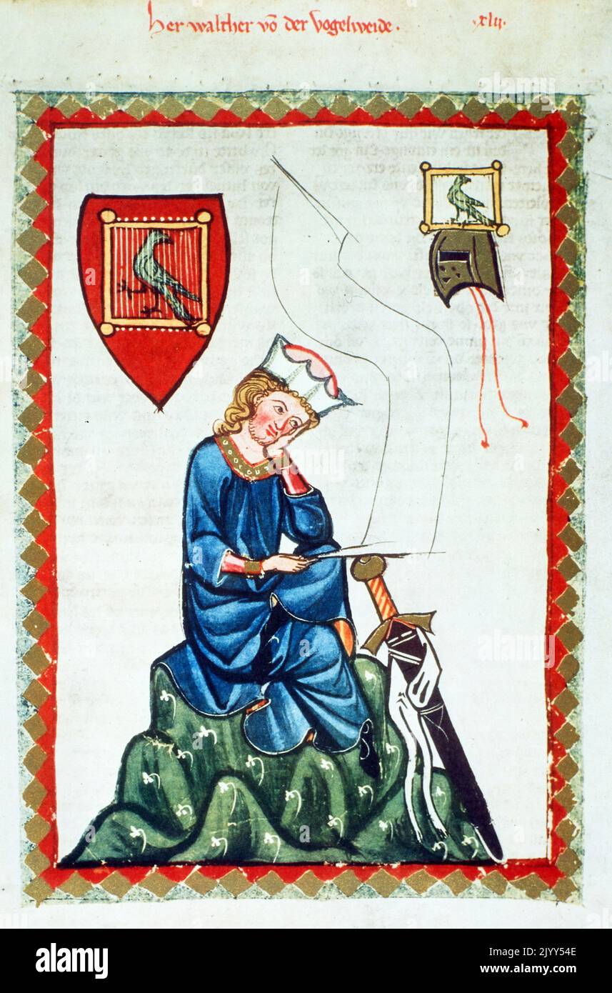 Il 'Codex Manesse', conosciuto anche come il 'Great Heidelberg Book of Songs' (Cod. Germe PAL. 848), è stata creata tra il 1300 e il 1340 a Zurigo ed è la più completa raccolta di ballate e poesia epigrammatica in lingua mediamente tedesca. Walther von Der Vogwlweide (1170-1230) di Rudiger Manesse e suo figlio Johannes. Università di Heidelberg. Biblioteca. Germania Foto Stock