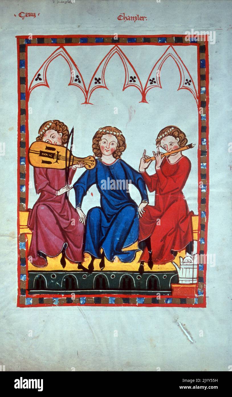 Il 'Codex Manesse', conosciuto anche come il 'Great Heidelberg Book of Songs' (Cod. Germe PAL. 848), è stata creata tra il 1300 e il 1340 a Zurigo ed è la più completa raccolta di ballate e poesia epigrammatica in lingua mediamente tedesca. Walther von Der Vogwlweide (1170-1230) di Rudiger Manesse e suo figlio Johannes. Università di Heidelberg. Biblioteca. Germania Foto Stock