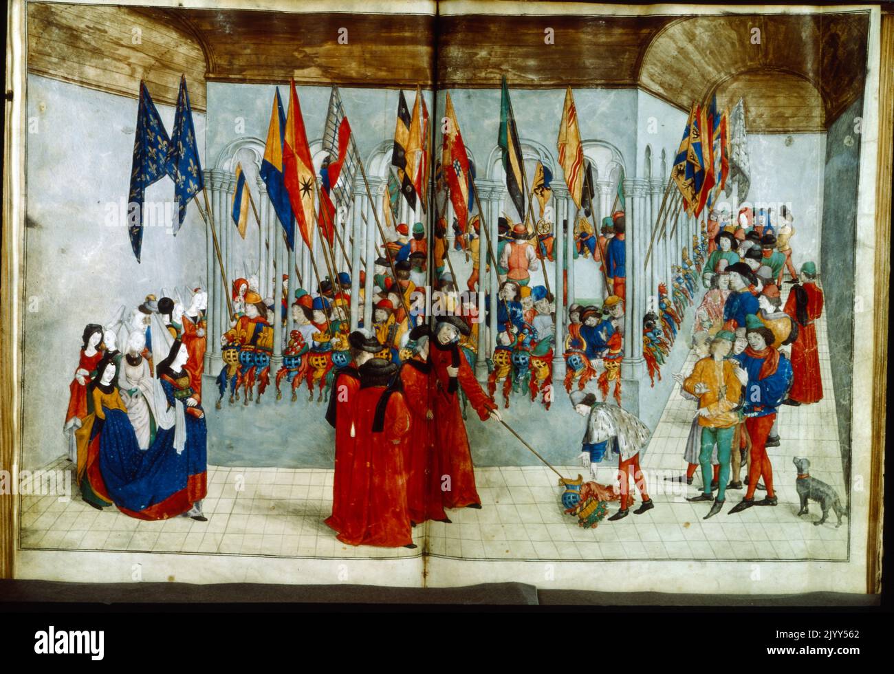 Illustrazione medievale francese raffigurante cavalieri allineati per un torneo Foto Stock