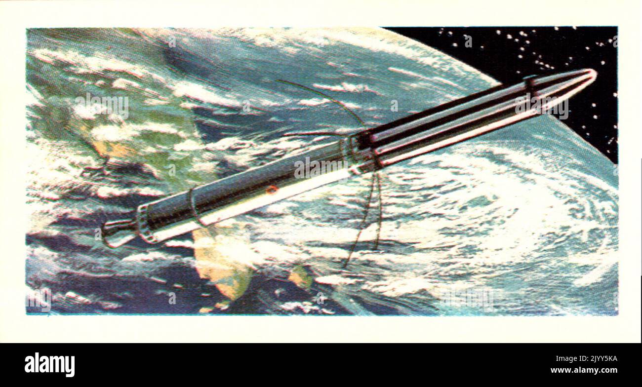 Da una serie di carte per Brooke Bond Tea; 1973; 'la corsa nello spazio', illustrata da David Lawson; immagine a colori illustrata di Explorer i (Una serie di 50 carte, n. 2). Foto Stock