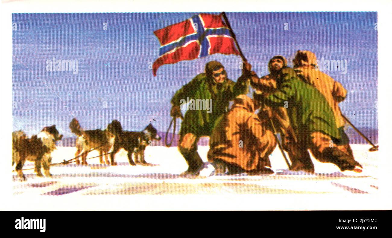 Da una serie di carte per Brooke Bond Tea; 1973; 'Adventurers & Explorers', illustrato da John ; raffigurante l'immagine a colori illustrata di Roald Amundsen (1872-1928), norvegese; illustrazione a colori della festa di Amundsen al Polo Sud (Una serie di 50 carte, n. 34). Foto Stock