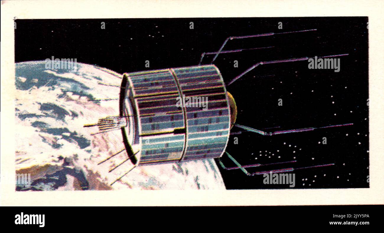 Da una serie di carte per Brooke Bond Tea; 1973; 'la corsa nello spazio', illustrata da David Lawson; immagine a colori illustrata di ATS-3, il terzo di una serie di satelliti americani Applications Technology (Una serie di 50 carte, n. 26). Foto Stock