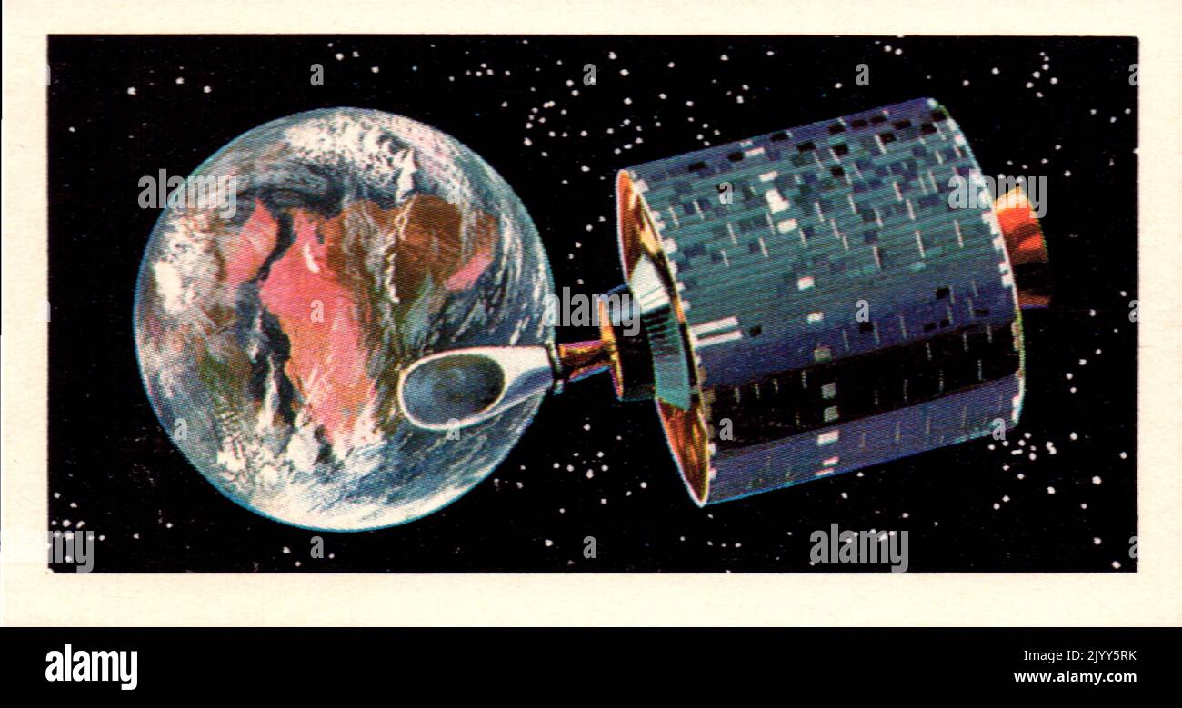 Da una serie di carte per Brooke Bond Tea; 1973; 'la corsa nello spazio', illustrata da David Lawson; immagine a colori illustrata di Intelsat 3, un satellite americano (Una serie di 50 carte, n. 24). Foto Stock
