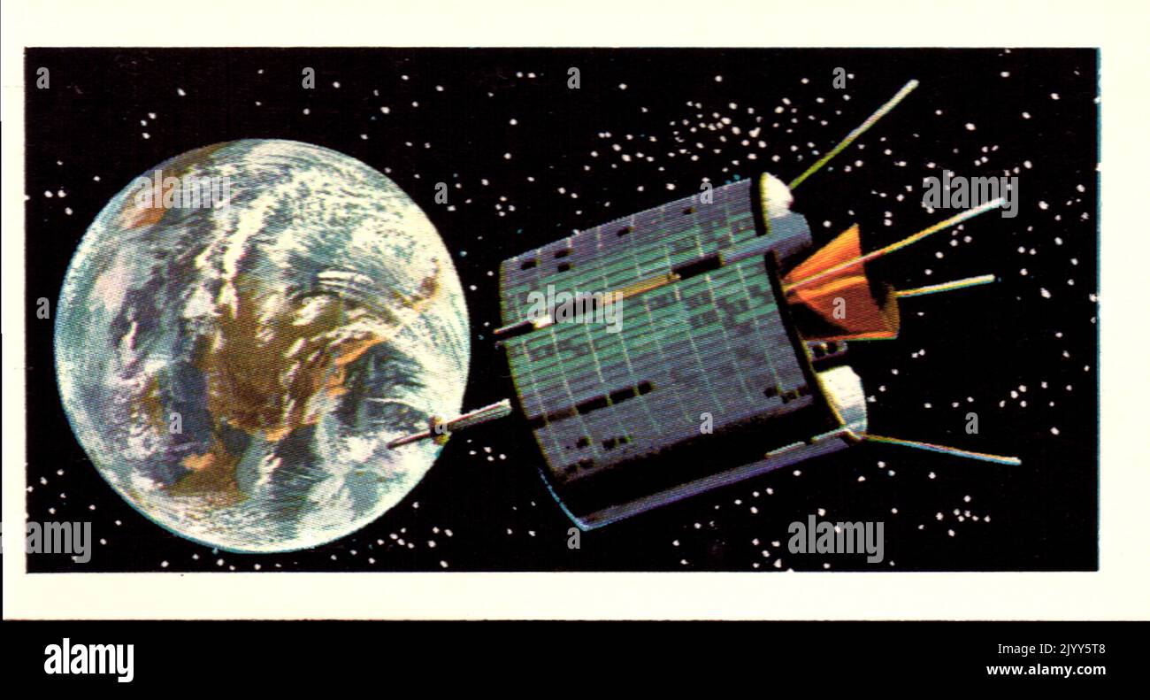 Da una serie di carte per Brooke Bond Tea; 1973; 'la corsa nello spazio', illustrata da David Lawson; immagine a colori illustrata di Early Bird, il primo satellite di comunicazione commerciale al mondo (Una serie di 50 carte, n. 18). Foto Stock