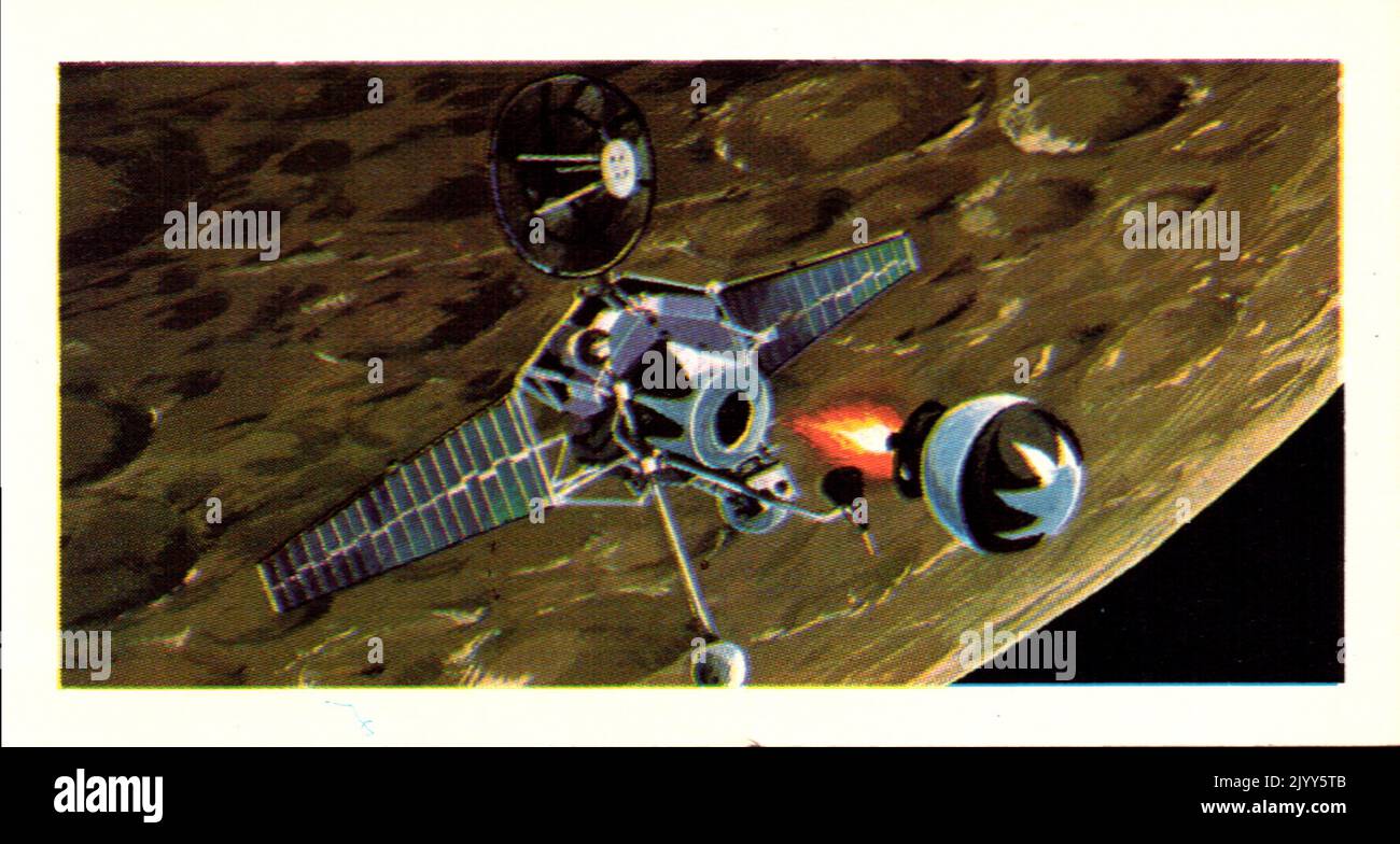 Da una serie di carte per Brooke Bond Tea; 1973; 'The Race into Space', illustrato da David Lawson; immagine a colori illustrata della navicella spaziale americana Ranger 3 (Una serie di 50 carte, n. 13). Foto Stock