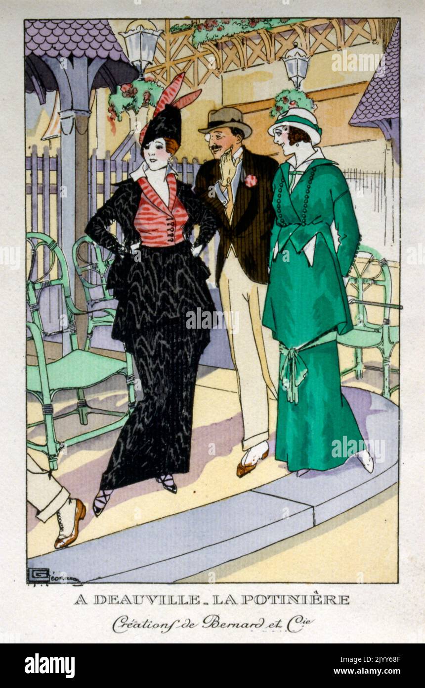 Poster a colori creazione di Bernard and Company intitolato A Deauville, la Potiniere; un Signore ben vestito su una veranda con due Signore in abbigliamento alla moda. Foto Stock