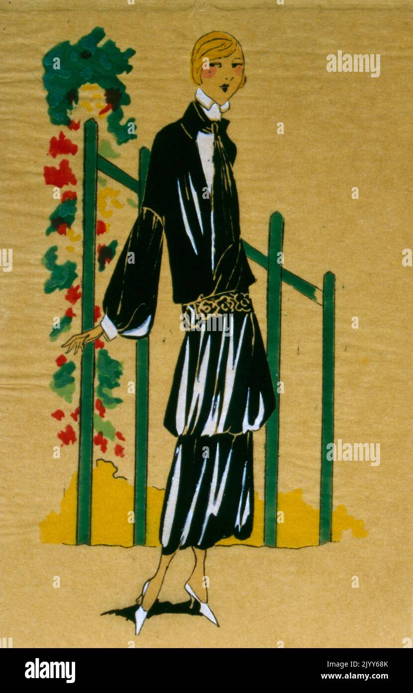 Creazione Cheruit, numero 3, che mostra Pierrette un abito crespato con una cintura arrugginita oro. Foto Stock