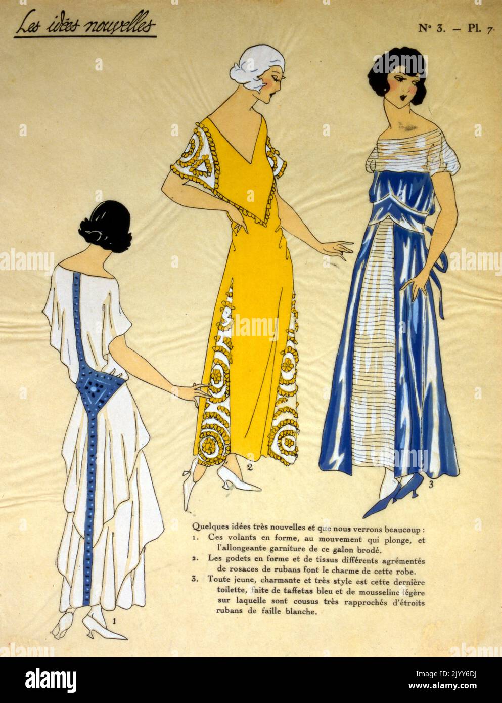 Illustrazione a colori da una rivista di moda intitolata New Ideas, numero 3, targa 7; due donne indossano abiti in blu e bianco, e uno in giallo. Foto Stock