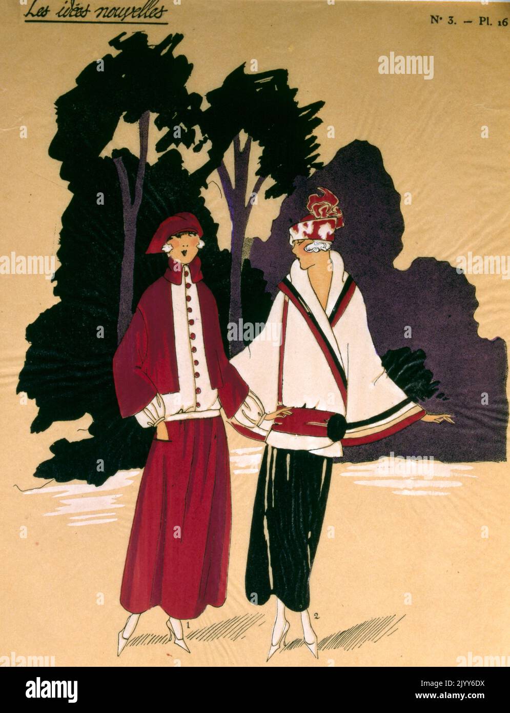 Illustrazione a colori da una rivista di moda intitolata New Ideas, numero 3, targa 16; due donne camminano all'esterno in costume influenzato dall'Oriente. Foto Stock