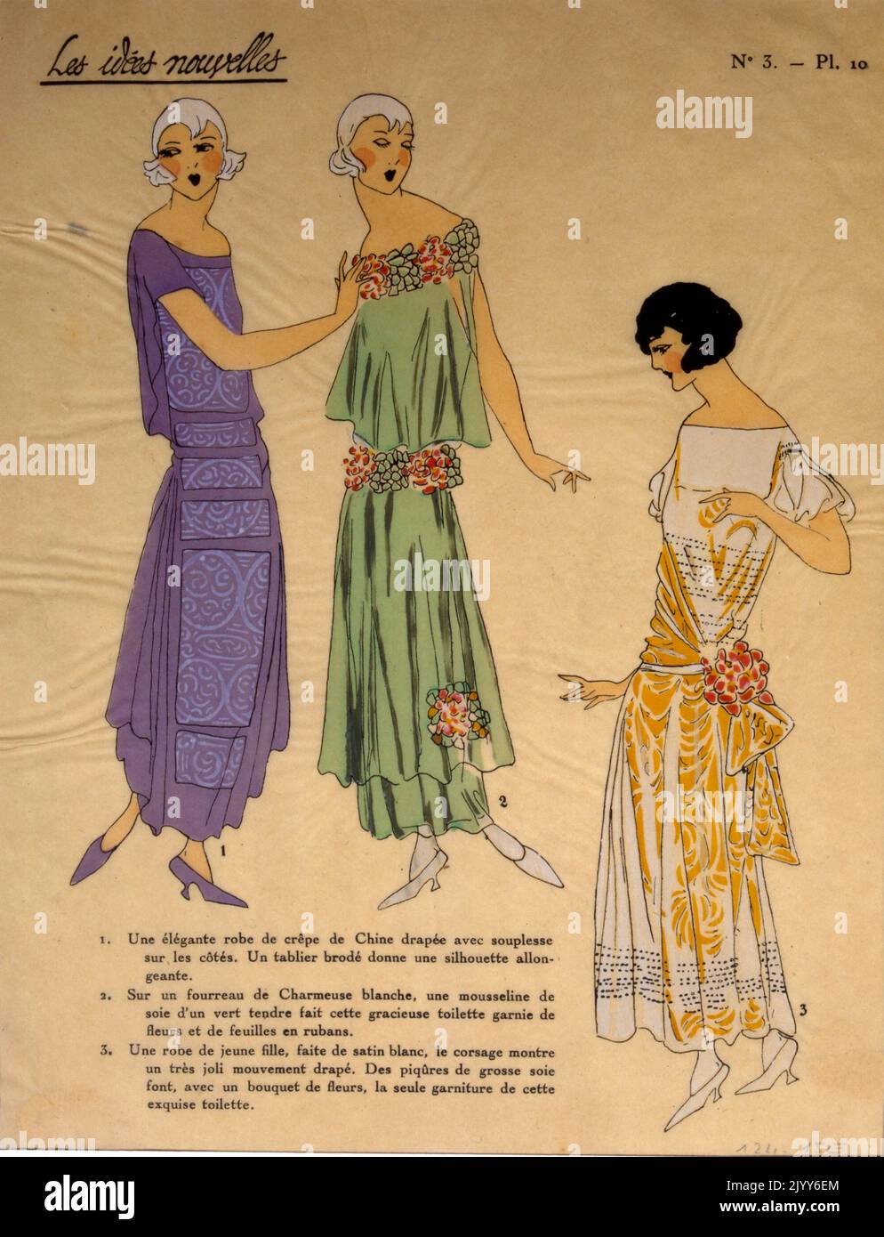 Illustrazione a colori da una rivista di moda intitolata New Ideas, numero 3, piatto 10; tre Signore che indossano diversi tipi di abiti in raso e mussola. Foto Stock