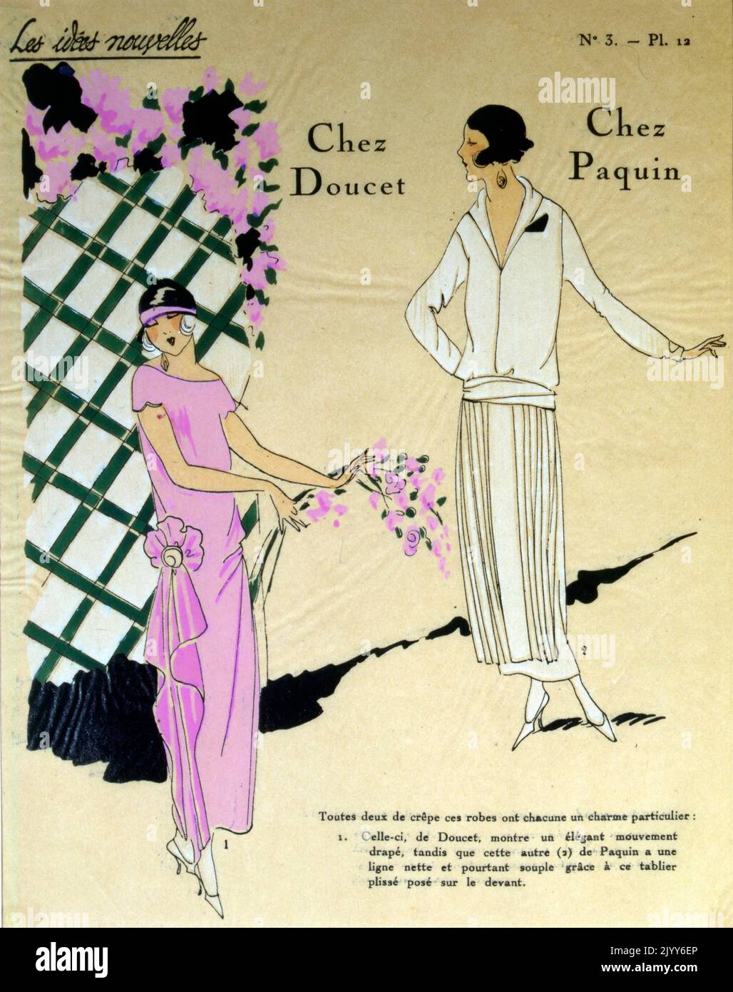 Illustrazione a colori da una rivista di moda intitolata New Ideas, numero 3, targa 12; due donne in abiti diversi, uno in bianco e uno in rosa. Foto Stock