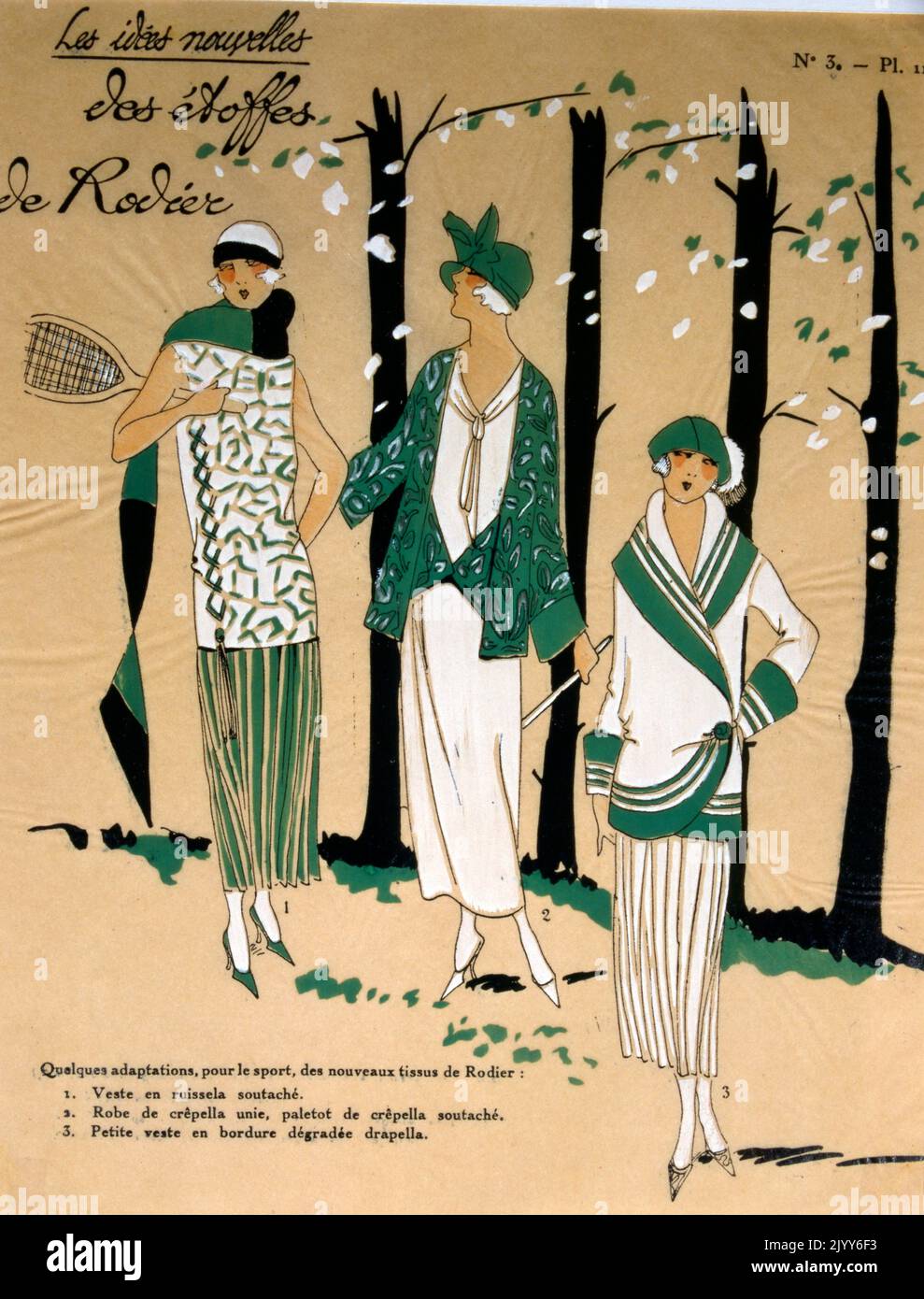 Illustrazione a colori di una rivista di moda intitolata New Ideas, numero 3, targa 11; tre donne, una con racchetta da tennis, con abiti in verde, bianco e nero. Foto Stock