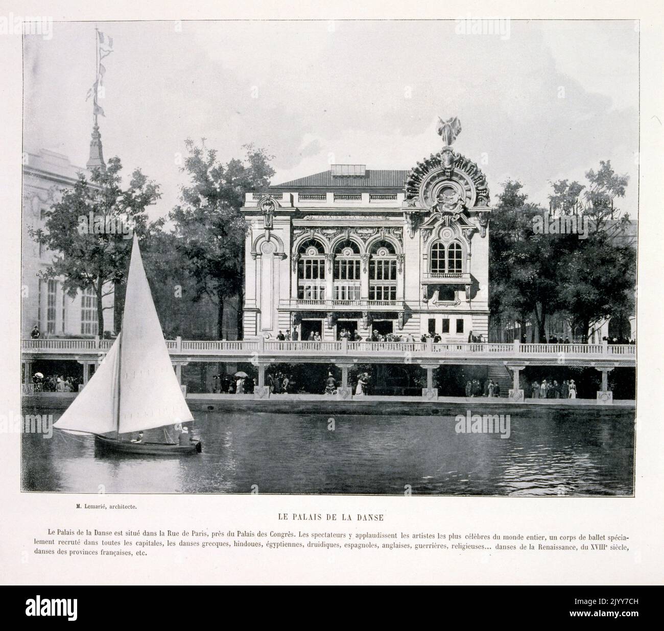 Esposizione Universelle (Fiera Mondiale) Parigi, 1900; fotografia in bianco e nero; vista sulla Senna del Palazzo della Danza. Foto Stock