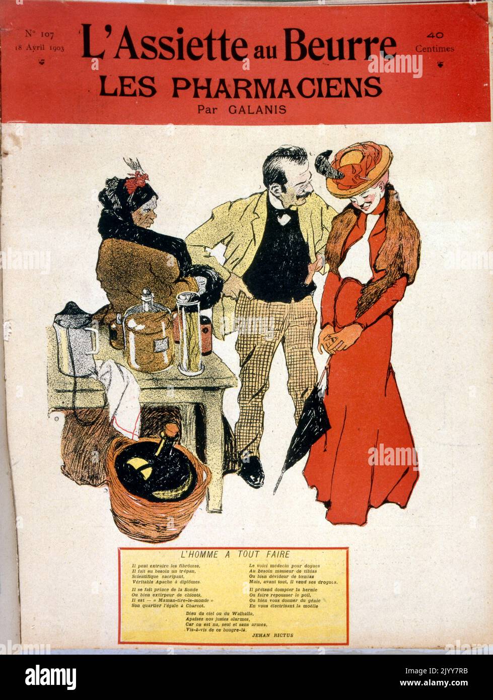 Nella rivista satirica l'Assiette au Beurre; copertina; disegno a colori di un farmacista che parla con una donna che ha la testa piegata. Un'altra signora è seduta su un tavolo con bottiglie piene di liquidi; edizione intitolata 'i farmacisti' di Galanis. Foto Stock Nella rivista satirica l'Assiette au Beurre; copertina; disegno a colori di un farmacista che parla con una donna che ha la testa piegata. Un'altra signora è seduta su un tavolo con bottiglie piene di liquidi; edizione intitolata 'i farmacisti' di Galanis. Foto Stock