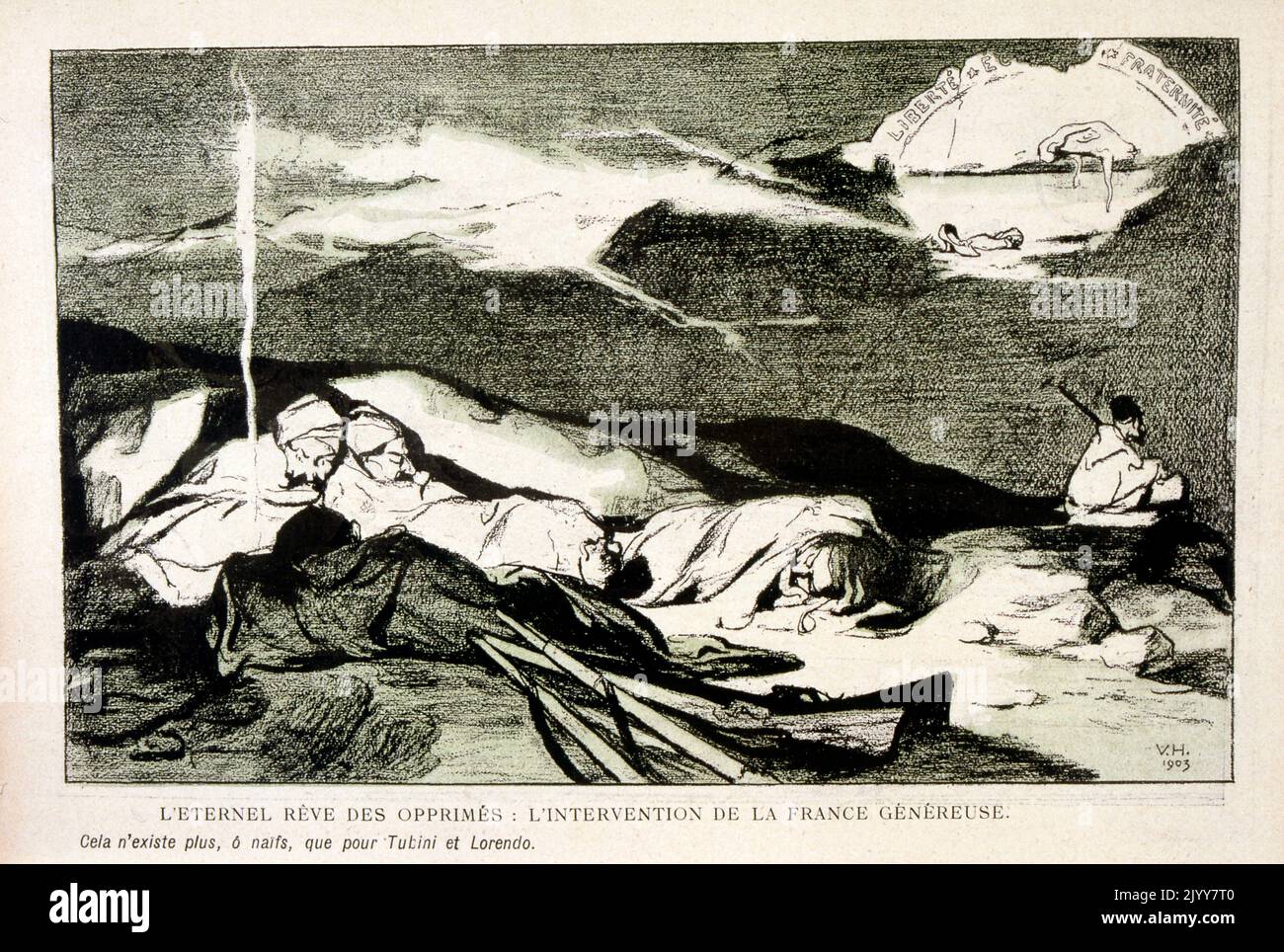 Nella rivista satirica l'Assiette au Beurre; disegno bianco e nero intitolato "il sogno eterno degli oppressi: L'intervento della generosità francese". Foto Stock
