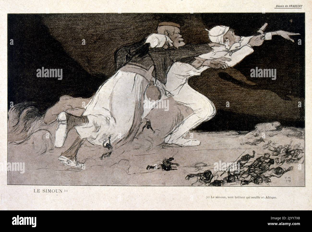 Illustrazione satirica raffigurante vecchi uomini appesi l'uno all'altro uranti 'le Simoom' ( un vento caldo che soffia dall'Africa). Foto Stock