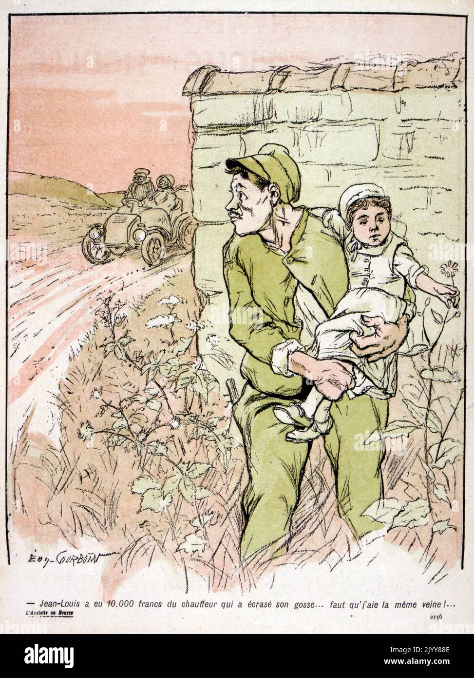 Nella rivista satirica l'Assiette au Beurre; illustrazione a colori di Gorbin di un conducente che si nasconde dietro una parete e tiene un bambino. Foto Stock