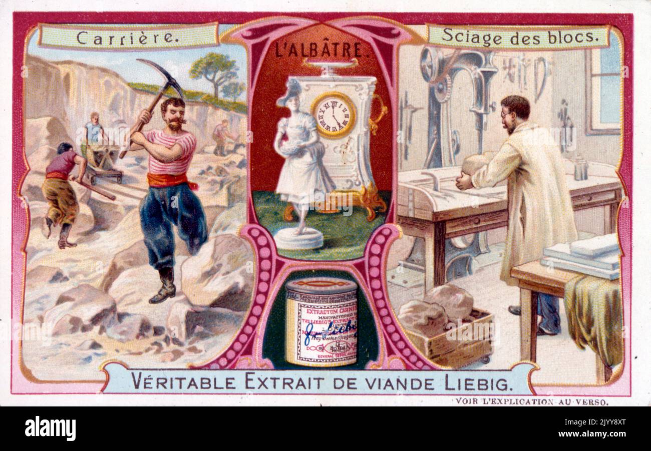 Pubblicità per i prodotti Liebig; l'estrazione del marmo e la realizzazione di orologi e sculture di lusso. Foto Stock