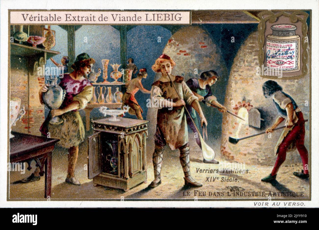 Pubblicità per i prodotti Liebig; vetrai da Venezia nel 14th° secolo. Foto Stock