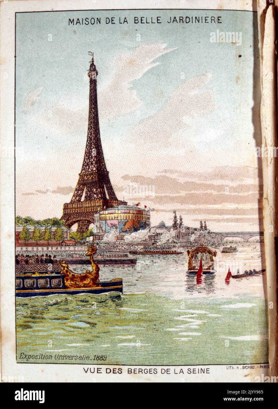 Esposizione Universelle (Fiera Mondiale) Parigi, 1889; un'illustrazione colorata della vista delle barche dei canali sulla Senna che si affaccia sul fiume alla Torre Eiffel. Foto Stock